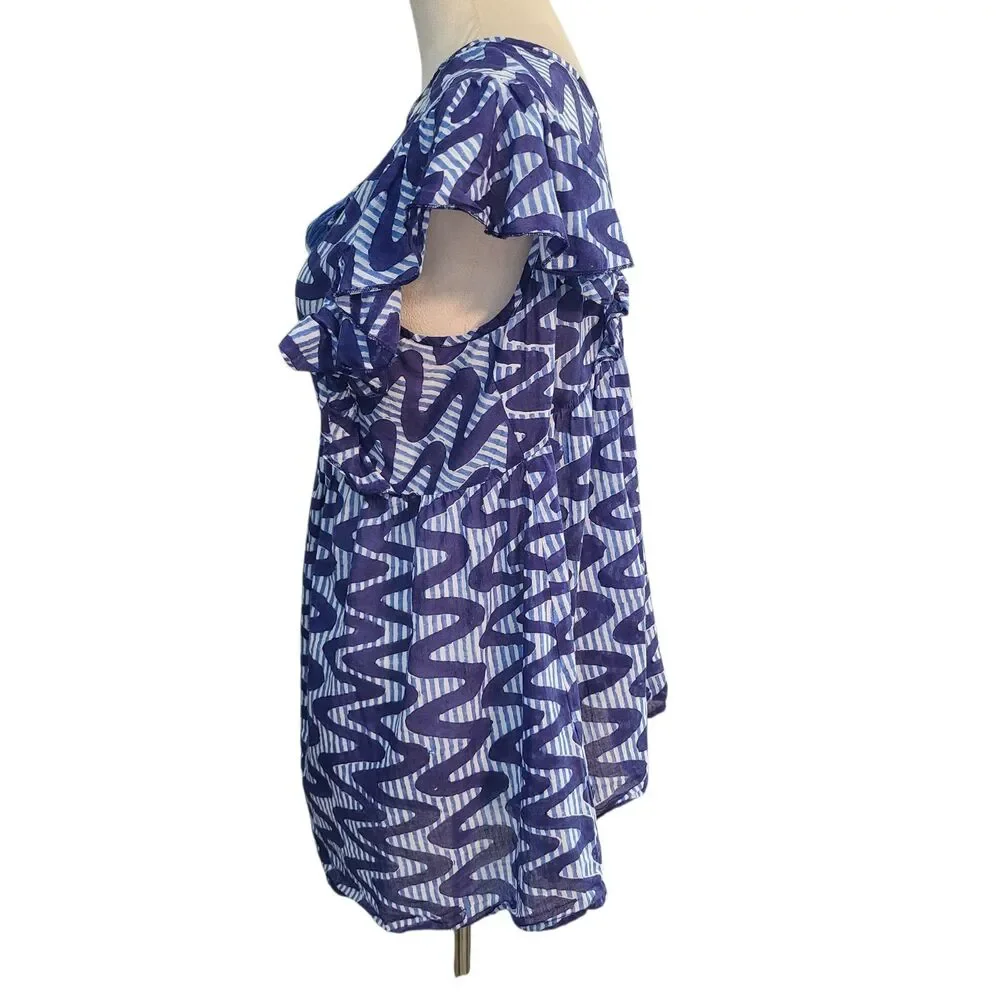 Oliphant Blue White Wave Stripe Flutter Sleeve Top Boho Coastal Tassel Tunic M - Picture 4 of 9
